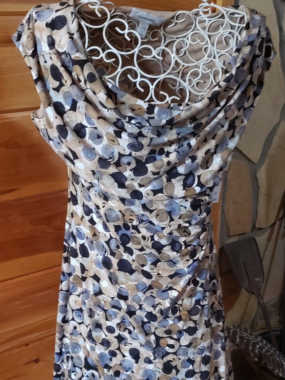 dressbarn Navy, Beige & Cream Polka Dot Cowl Neck Dress